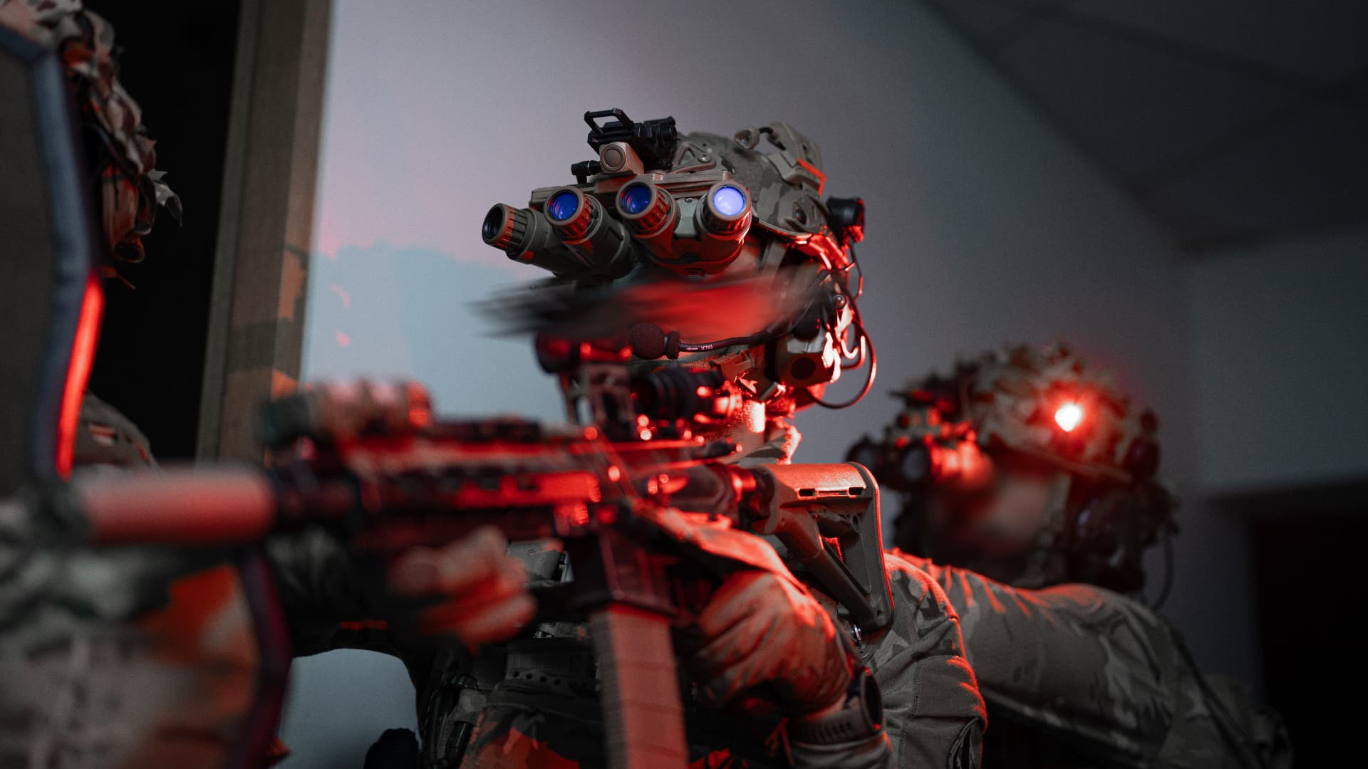 Operateurs tactiques en position de tir lumiere rouge
